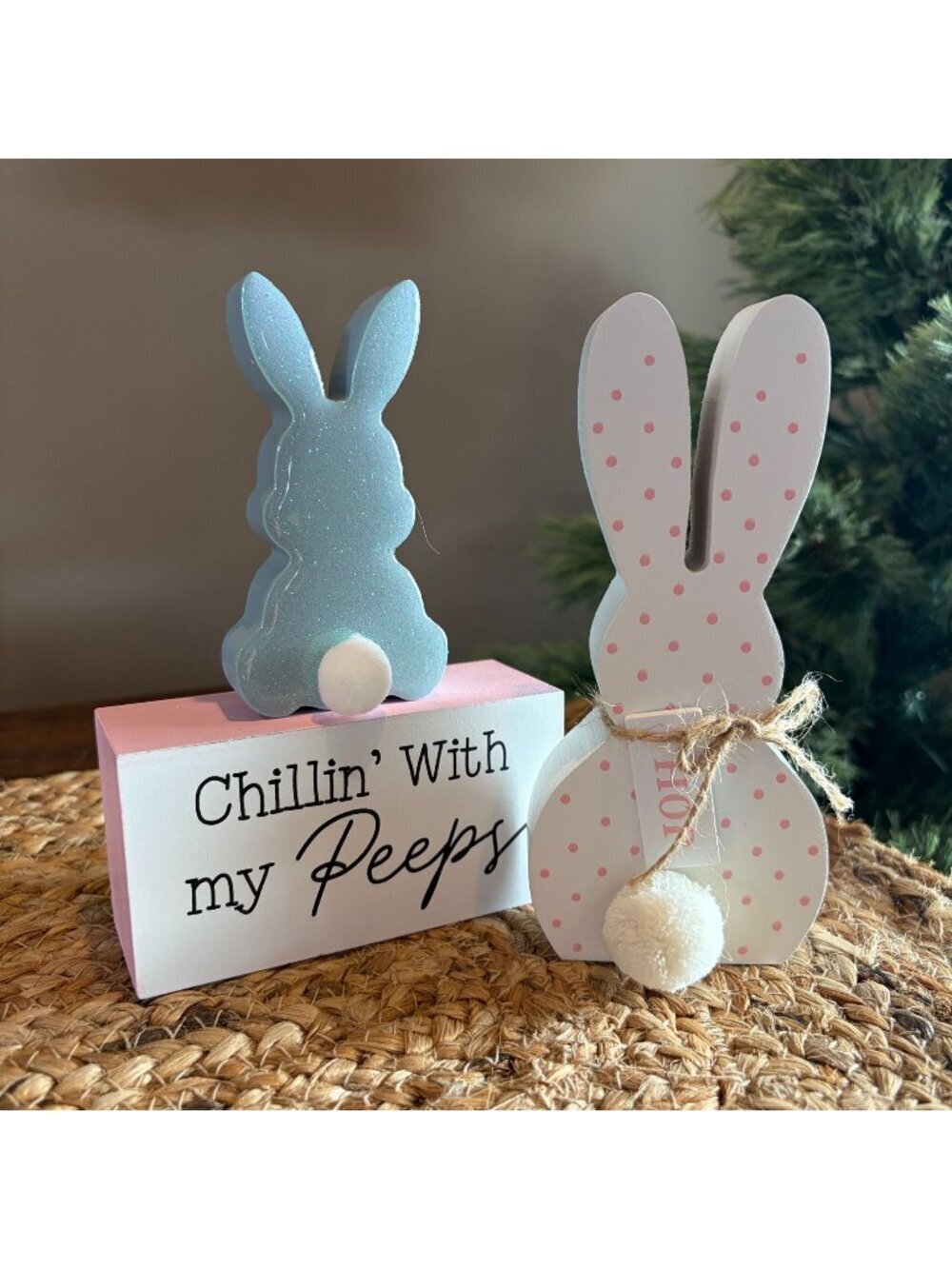 Easter Bunny Decor Set "Chillin' With My Peeps" Wood Sign & Rabbit Figurine